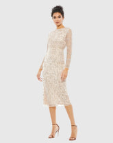 Beige Beaded Tea Length Dress w/ Sheer Sleeves