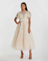 Beige Embellished Flutter Sleeve Bow Waist A Line Dress