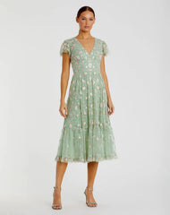 Embroidered V Neck Cap Sleeve Midi Dress