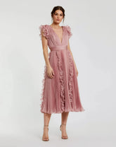 Pink Pleated Chiffon V Neck Ruffle Midi Dress