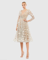 Beige Floral Embellished Lace A-Line Cocktail Dress