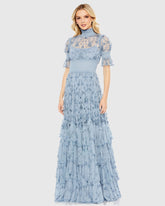 Blue Floral Embroidered Smock Neck Tiered Ruffle Dress