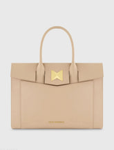 Beige Large Leather Briefcase Bag With Gold Hardware