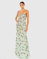 Green Embellished Spaghetti Strap Lace Up Gown