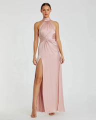 Open Back High Neck Side Ruched Gown