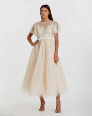 Beige Embellished Flutter Sleeve Bow Waist A Line Dress
