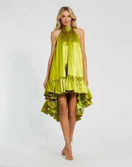 High Neck Satin Mini Dress With Keyhole