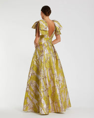 Green Layered Shoulder Bow Metallic A-Line Gown