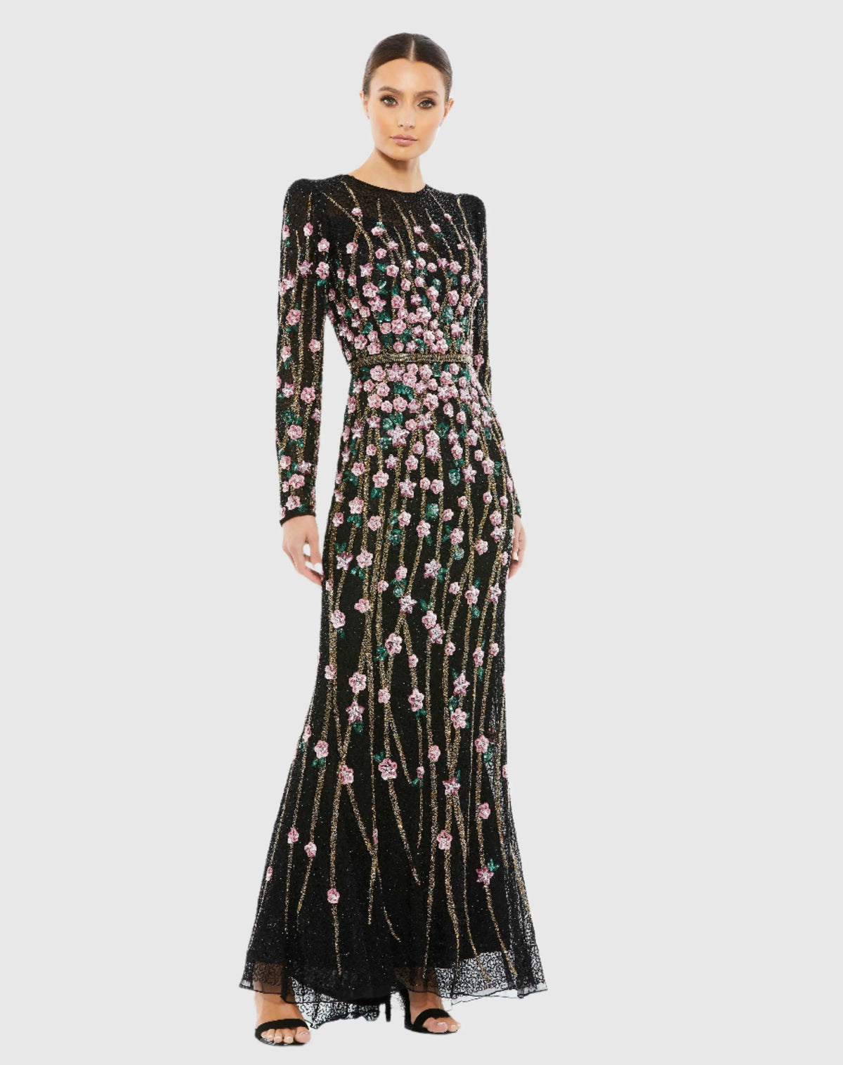 Black Embellished High Neck Long Sleeve Gown