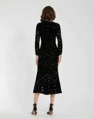 Black Burnout Velvet Long Sleeve Midi Dress