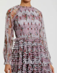 Purple Long Sleeve Floral Ruffle Mini Dress