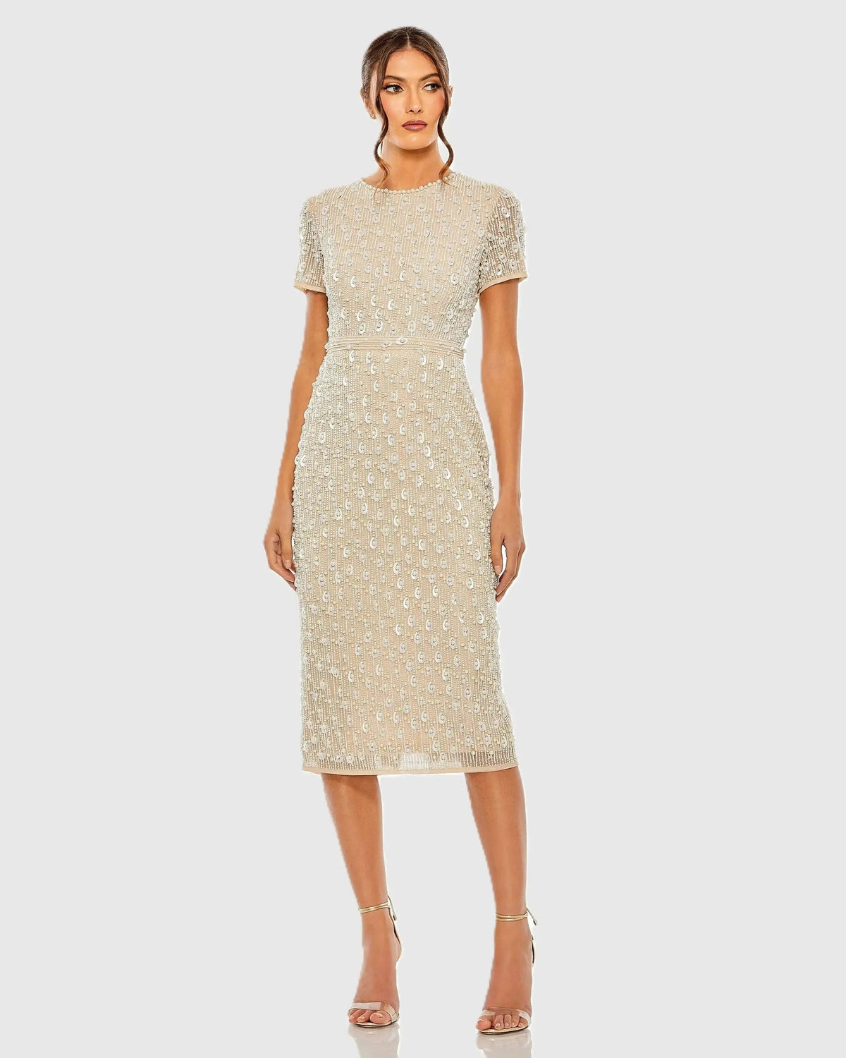 Beige High Neck Short Sleeve Embellished Midi Sheath Dress